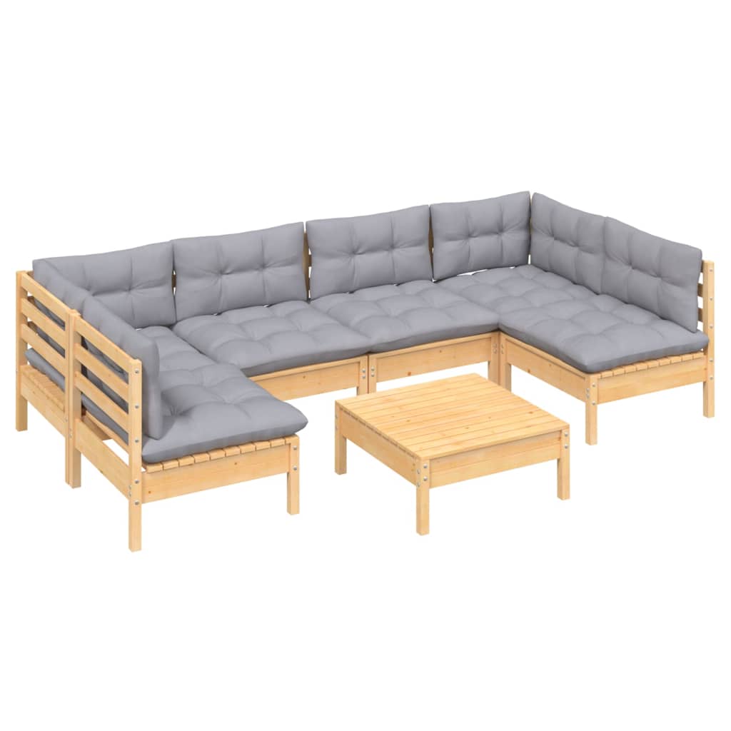 7-tlg. Garten-Lounge-Set mit Grauen Kissen Kiefer Massivholz