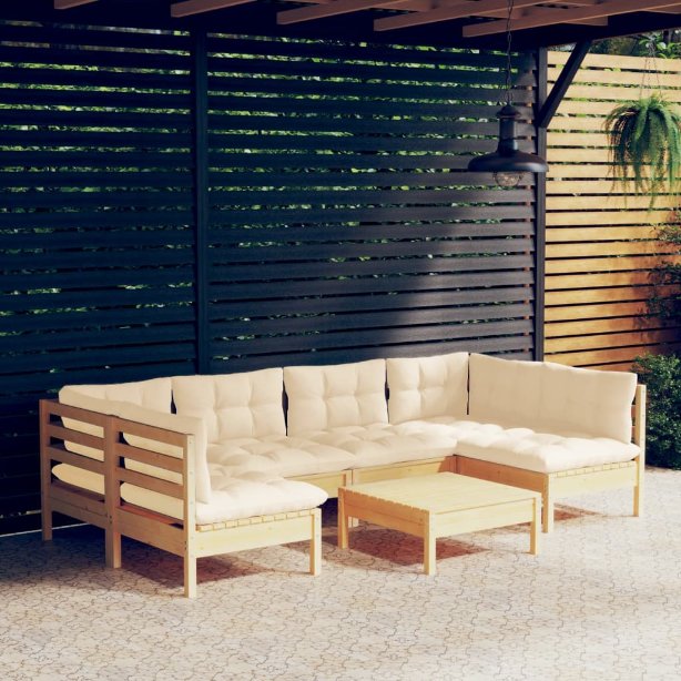7-tlg. Garten-Lounge-Set mit Grauen Kissen Kiefer Massivholz