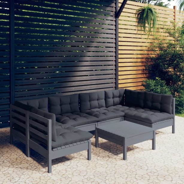 7-tlg. Garten-Lounge-Set mit Grauen Kissen Kiefer Massivholz