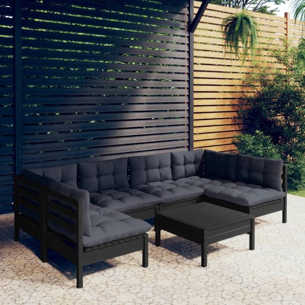 7-tlg. Garten-Lounge-Set mit Grauen Kissen Kiefer Massivholz