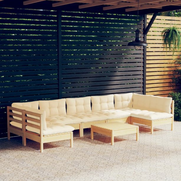 8-tlg. Garten-Lounge-Set mit Grauen Kissen Kiefer Massivholz