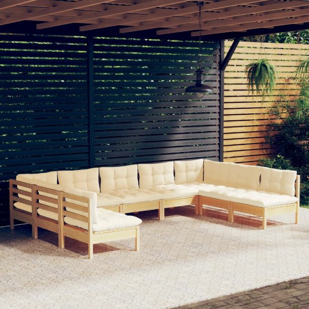 9-tlg. Garten-Lounge-Set mit Grauen Kissen Kiefer Massivholz