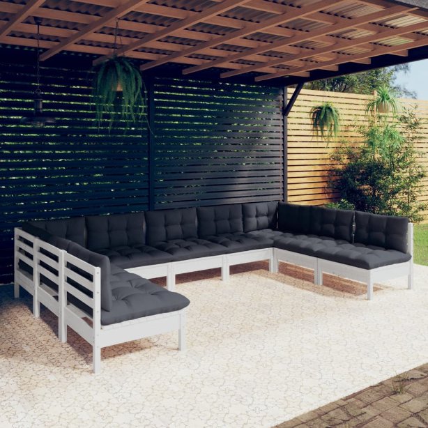 9-tlg. Garten-Lounge-Set mit Grauen Kissen Kiefer Massivholz