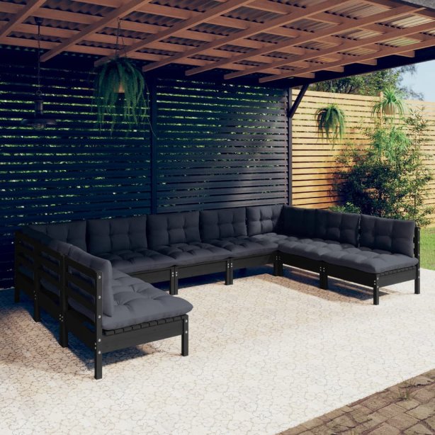9-tlg. Garten-Lounge-Set mit Grauen Kissen Kiefer Massivholz