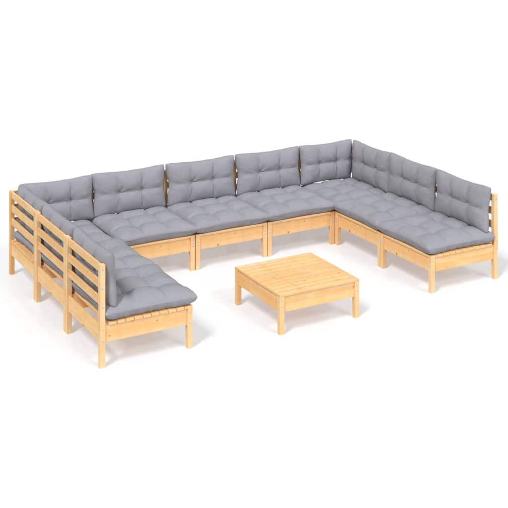 vidaXL 10-tlg. Garten-Lounge-Set mit Grauen Kissen Kiefer Massivholz