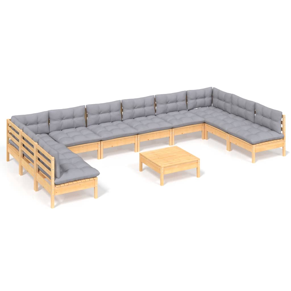 vidaXL 11-tlg. Garten-Lounge-Set mit Grauen Kissen Kiefer Massivholz
