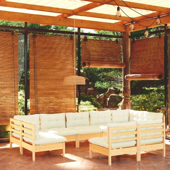 9-tlg. Garten-Lounge-Set mit Grauen Kissen Kiefer Massivholz