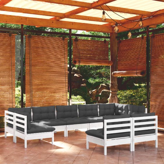 9-tlg. Garten-Lounge-Set mit Grauen Kissen Kiefer Massivholz