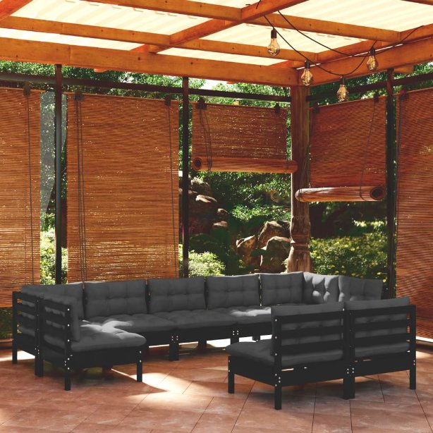 9-tlg. Garten-Lounge-Set mit Grauen Kissen Kiefer Massivholz