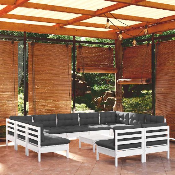 vidaXL 12-tlg. Garten-Lounge-Set mit Grauen Kissen Kiefer Massivholz