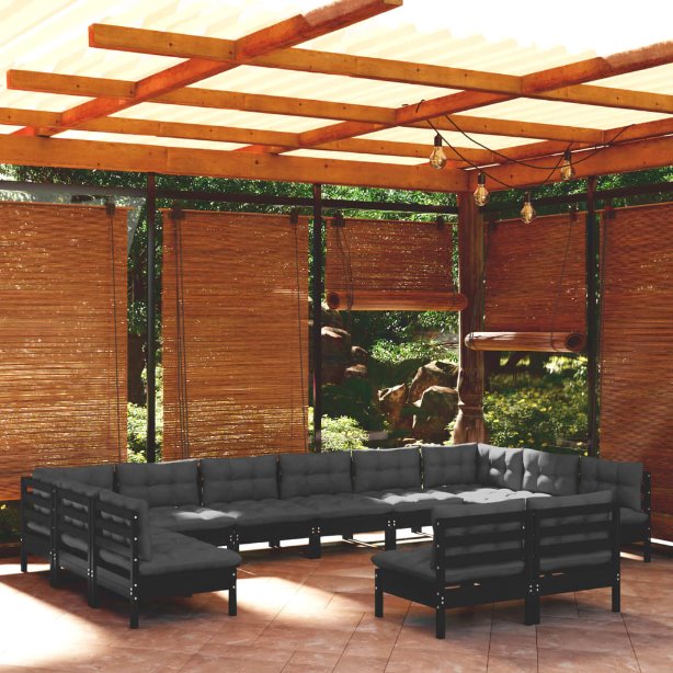 vidaXL 12-tlg. Garten-Lounge-Set mit Grauen Kissen Kiefer Massivholz