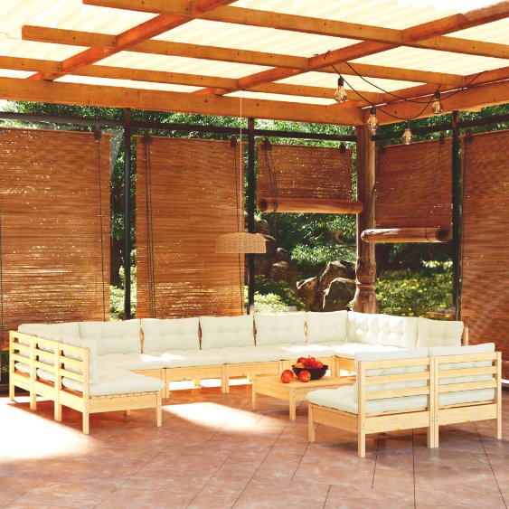 13-tlg. Garten-Lounge-Set mit Grauen Kissen Kiefer Massivholz