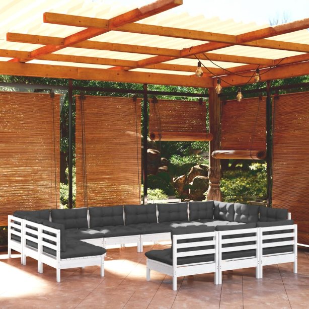13-tlg. Garten-Lounge-Set mit Grauen Kissen Kiefer Massivholz