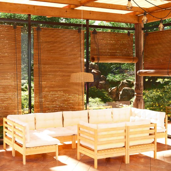 9-tlg. Garten-Lounge-Set mit Grauen Kissen Kiefer Massivholz