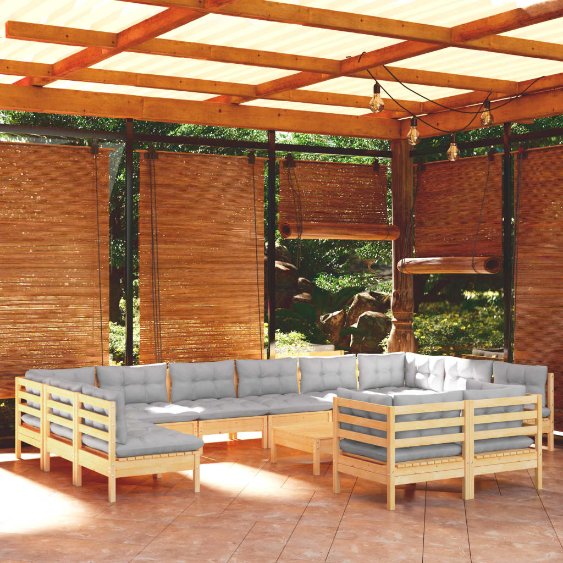 13-tlg. Garten-Lounge-Set mit Grauen Kissen Kiefernholz