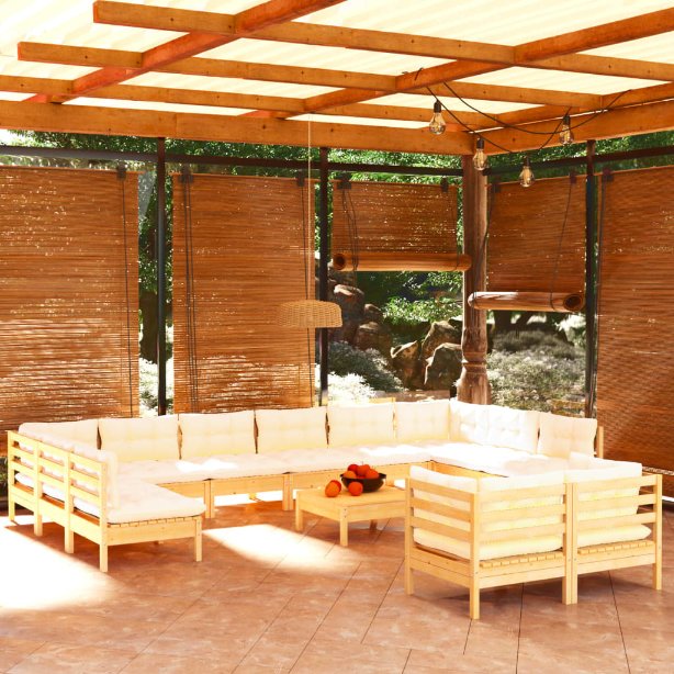 13-tlg. Garten-Lounge-Set mit Grauen Kissen Kiefernholz