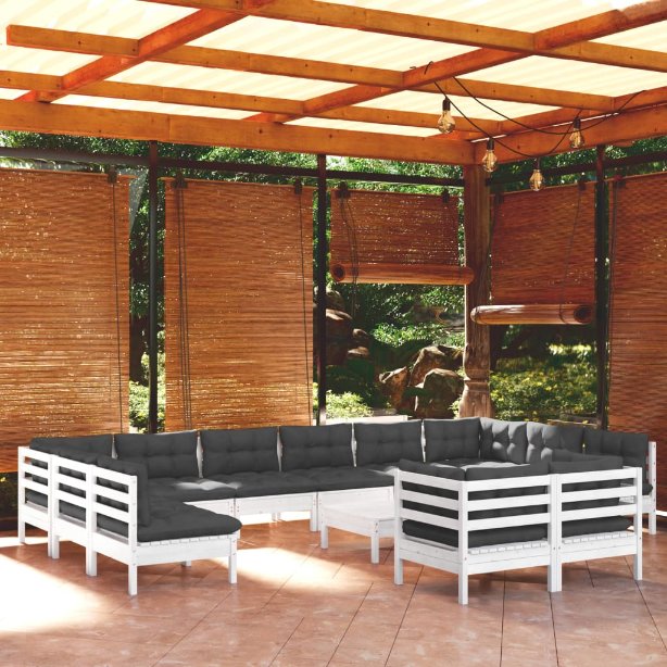 13-tlg. Garten-Lounge-Set mit Grauen Kissen Kiefernholz