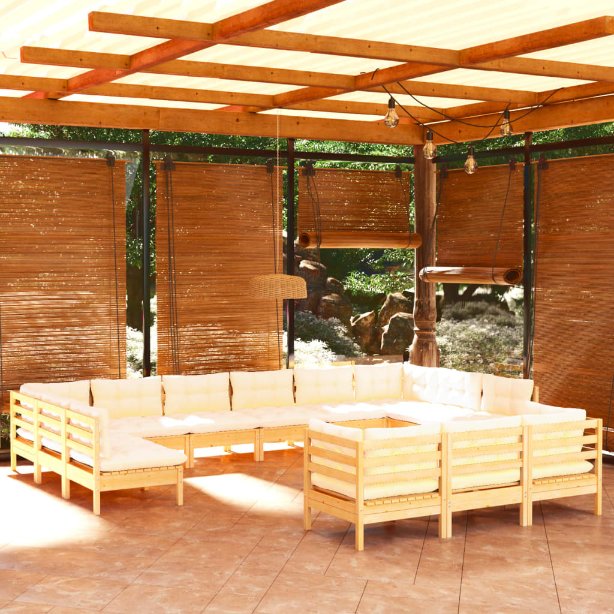 13-tlg. Garten-Lounge-Set mit Grauen Kissen Kiefernholz