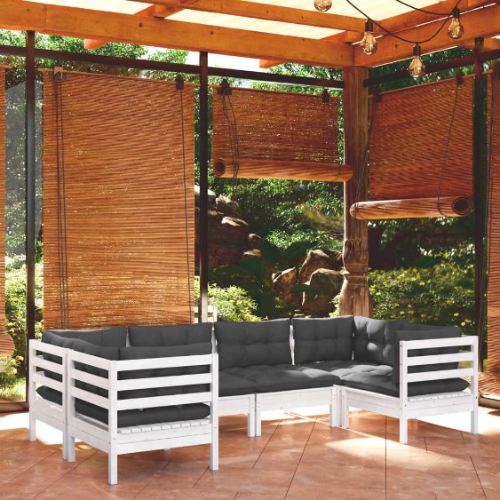 6-tlg. Garten-Lounge-Set mit Grauen Kissen Kiefernholz