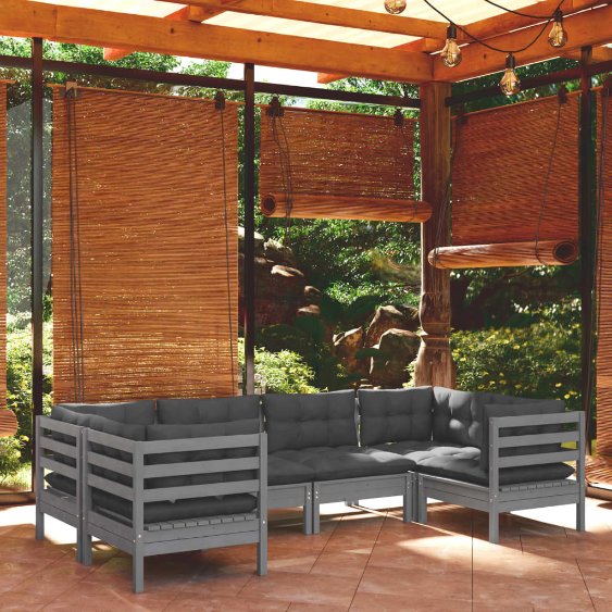 6-tlg. Garten-Lounge-Set mit Grauen Kissen Kiefernholz