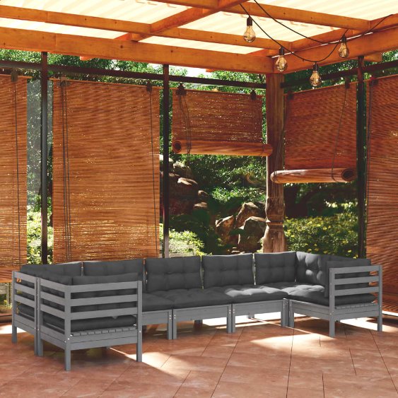 7-tlg. Garten-Lounge-Set mit Grauen Kissen Kiefernholz