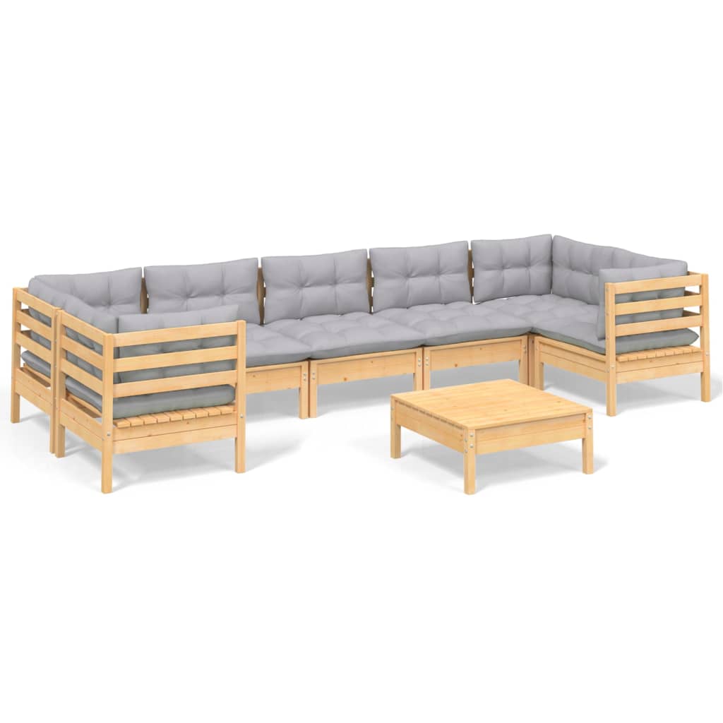 8-tlg. Garten-Lounge-Set mit Grauen Kissen Kiefernholz