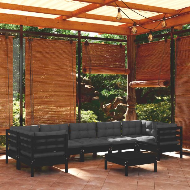 8-tlg. Garten-Lounge-Set mit Grauen Kissen Kiefernholz