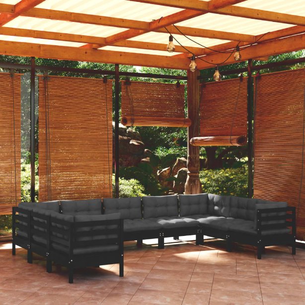 9-tlg. Garten-Lounge-Set mit Grauen Kissen Kiefernholz