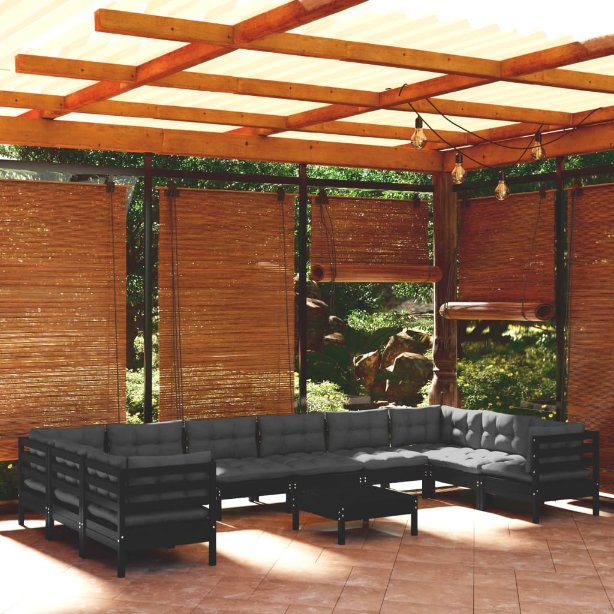 vidaXL 11-tlg. Garten-Lounge-Set mit Grauen Kissen Kiefernholz