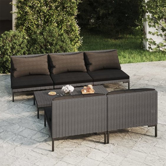 5-tlg. Garten-Lounge-Set mit Kissen Poly Rattan Dunkelgrau