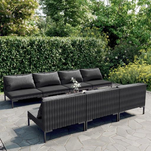 5-tlg. Garten-Lounge-Set mit Kissen Poly Rattan Dunkelgrau