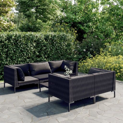 5-tlg. Garten-Lounge-Set mit Kissen Poly Rattan Dunkelgrau
