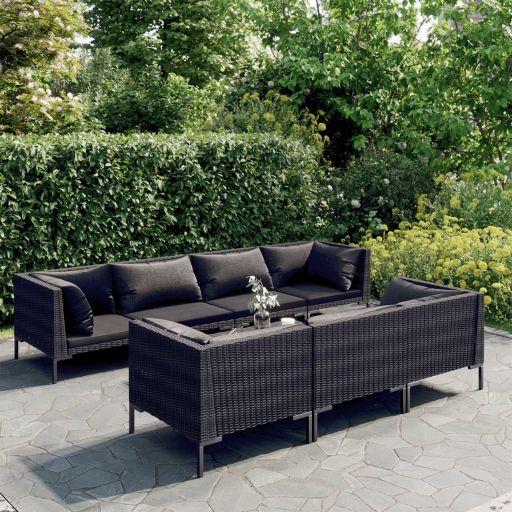 5-tlg. Garten-Lounge-Set mit Kissen Poly Rattan Dunkelgrau