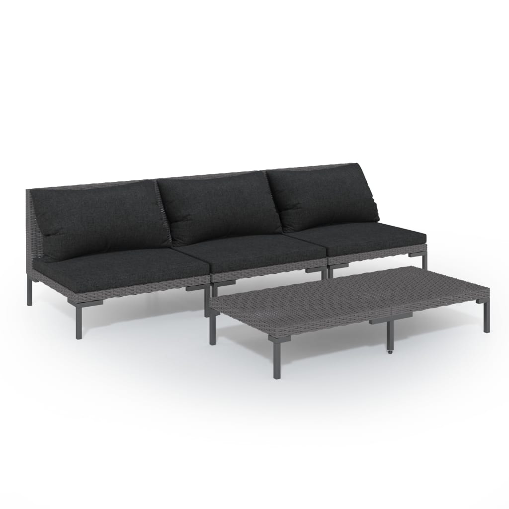 4-tlg. Garten-Lounge-Set mit Kissen Poly Rattan Dunkelgrau