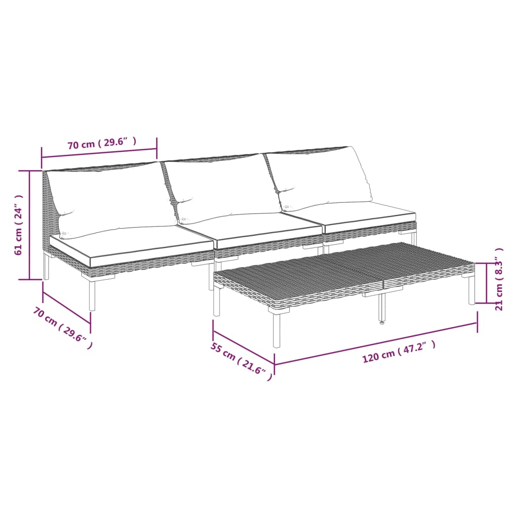 4-tlg. Garten-Lounge-Set mit Kissen Poly Rattan Dunkelgrau