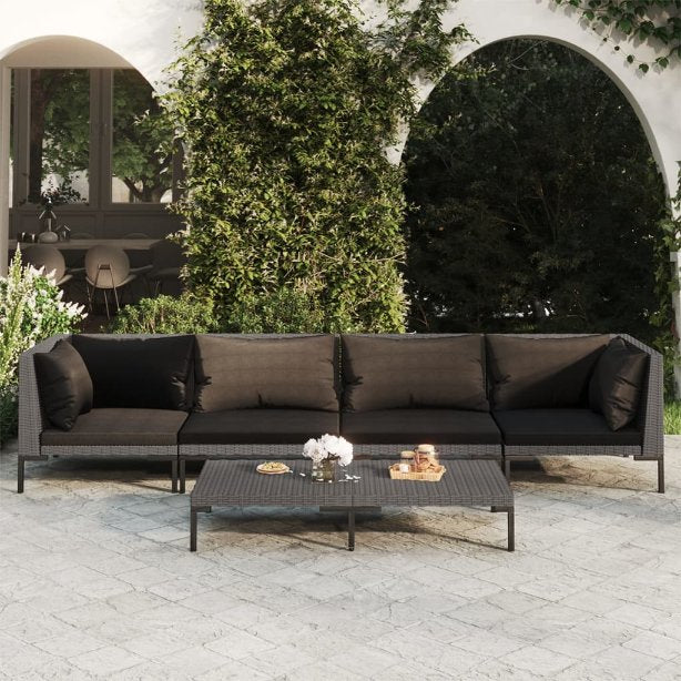 4-tlg. Garten-Lounge-Set mit Kissen Poly Rattan Dunkelgrau