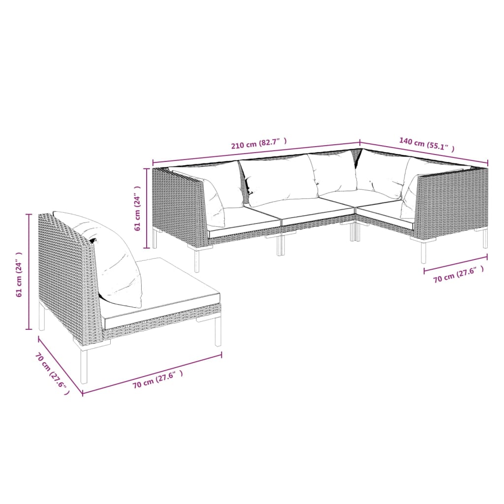 5-tlg. Garten-Lounge-Set mit Kissen Poly Rattan Dunkelgrau