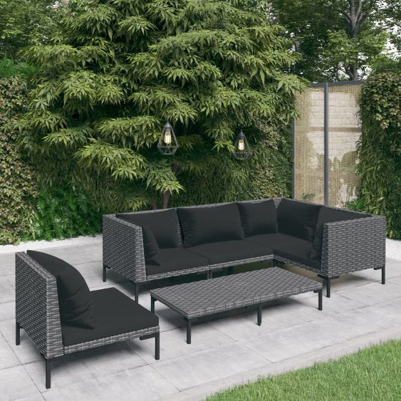 5-tlg. Garten-Lounge-Set mit Kissen Poly Rattan Dunkelgrau
