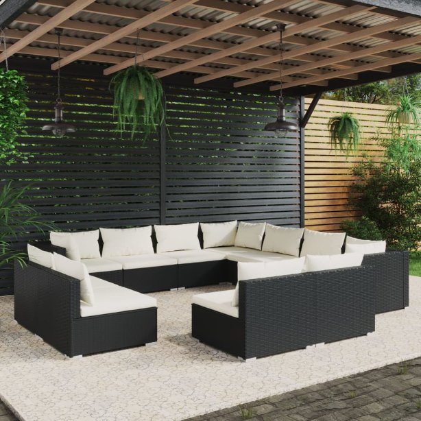 vidaXL 11-tlg. Garten-Lounge-Set mit Kissen Schwarz Poly Rattan