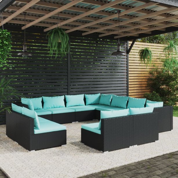 vidaXL 11-tlg. Garten-Lounge-Set mit Kissen Schwarz Poly Rattan