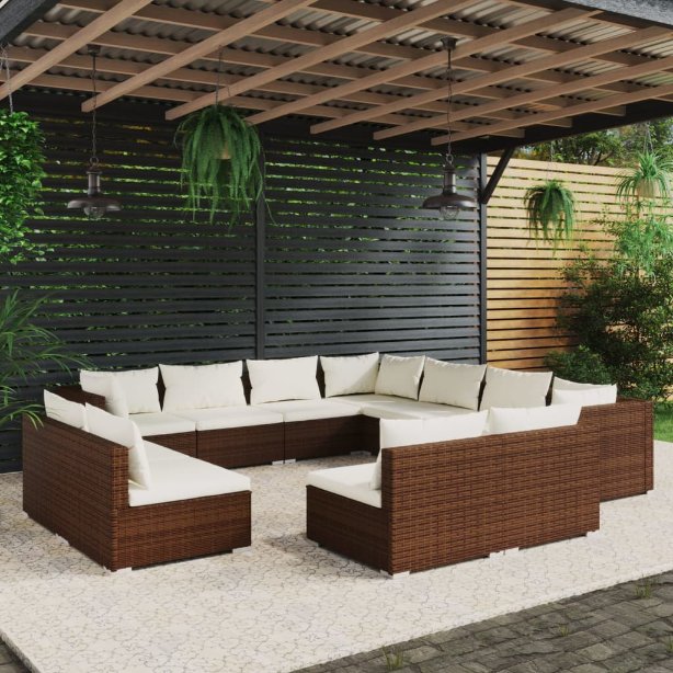 vidaXL 11-tlg. Garten-Lounge-Set mit Kissen Schwarz Poly Rattan