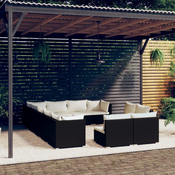 vidaXL 11-tlg. Garten-Lounge-Set mit Kissen Schwarz Poly Rattan