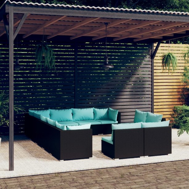 vidaXL 11-tlg. Garten-Lounge-Set mit Kissen Schwarz Poly Rattan