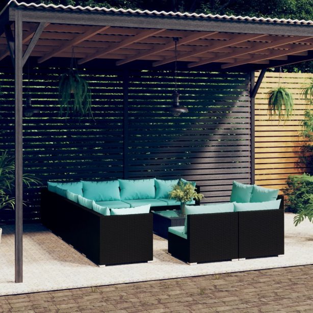 vidaXL 11-tlg. Garten-Lounge-Set mit Kissen Schwarz Poly Rattan