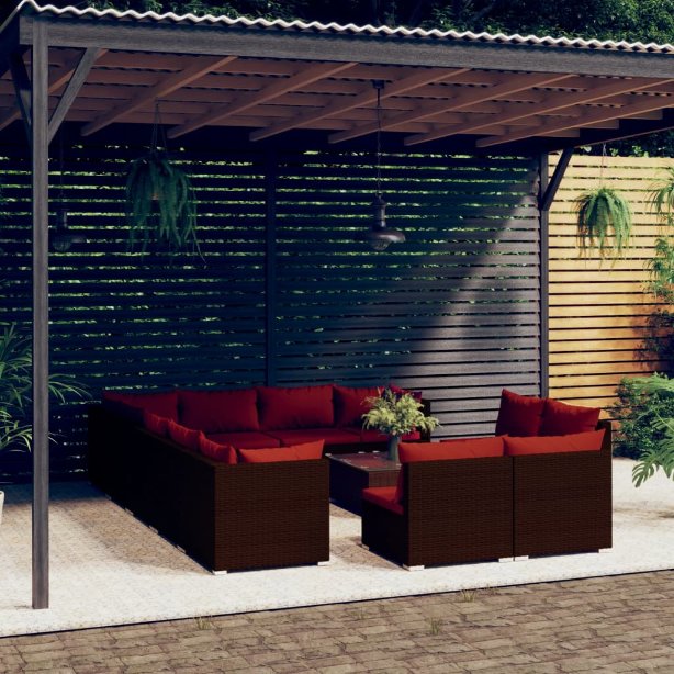 vidaXL 11-tlg. Garten-Lounge-Set mit Kissen Schwarz Poly Rattan