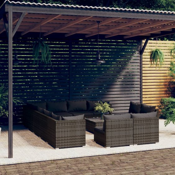 vidaXL 11-tlg. Garten-Lounge-Set mit Kissen Schwarz Poly Rattan