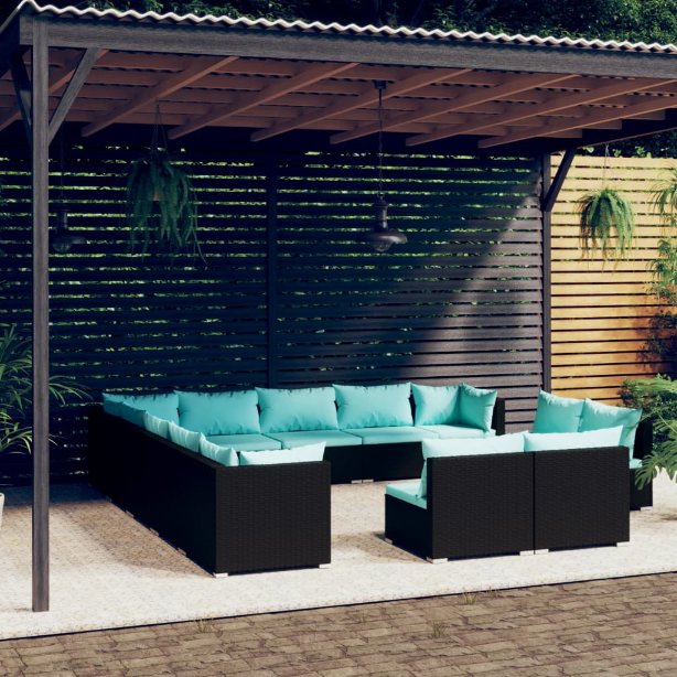 vidaXL 11-tlg. Garten-Lounge-Set mit Kissen Schwarz Poly Rattan