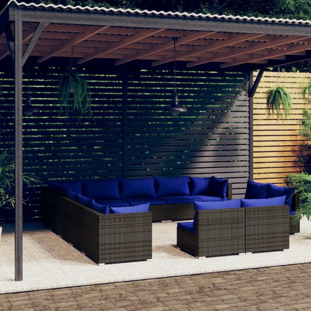 vidaXL 11-tlg. Garten-Lounge-Set mit Kissen Schwarz Poly Rattan