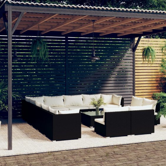 vidaXL 11-tlg. Garten-Lounge-Set mit Kissen Schwarz Poly Rattan
