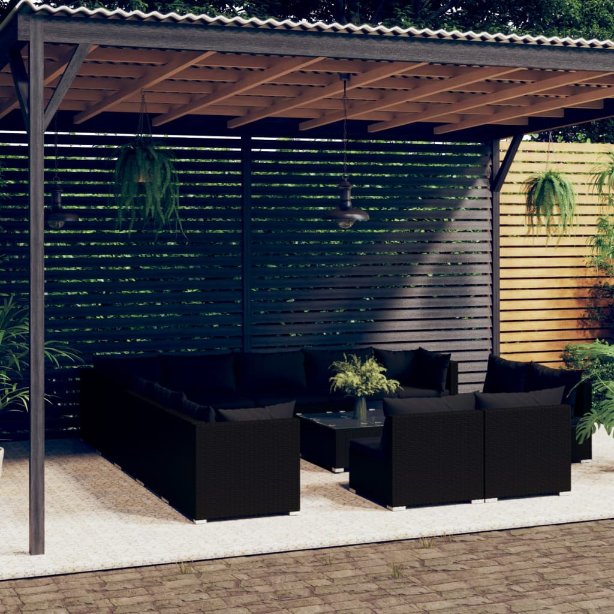 vidaXL 11-tlg. Garten-Lounge-Set mit Kissen Schwarz Poly Rattan